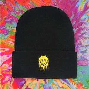 Trippy Melting Smiley Face Black Beanie Hat
